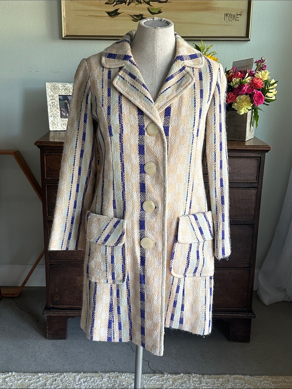 Vintages Burberry Cream and Blue Striped Pea Coat